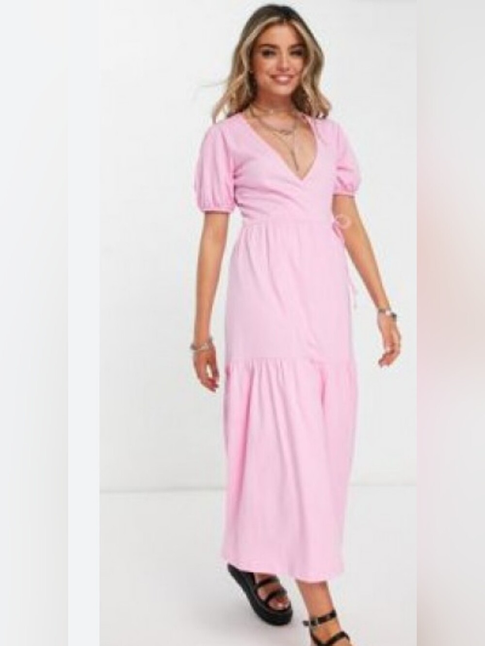ASOS DESIGN tiered midi wrap dress with puff sleeve in bright pink